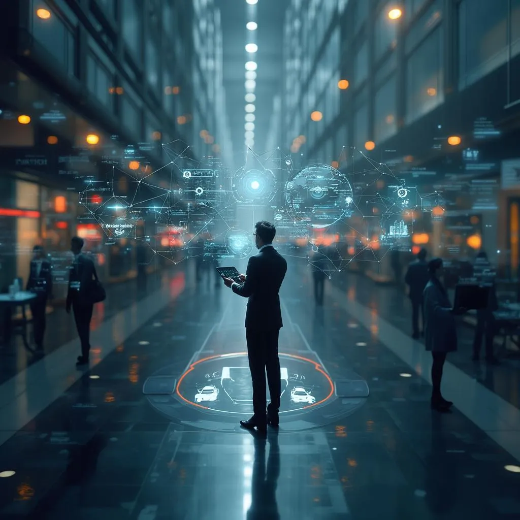 Equipo de IA-Consultores en una sesión de brainstorming estratégico con pizarras digitales interactivas y proyecciones holográficas