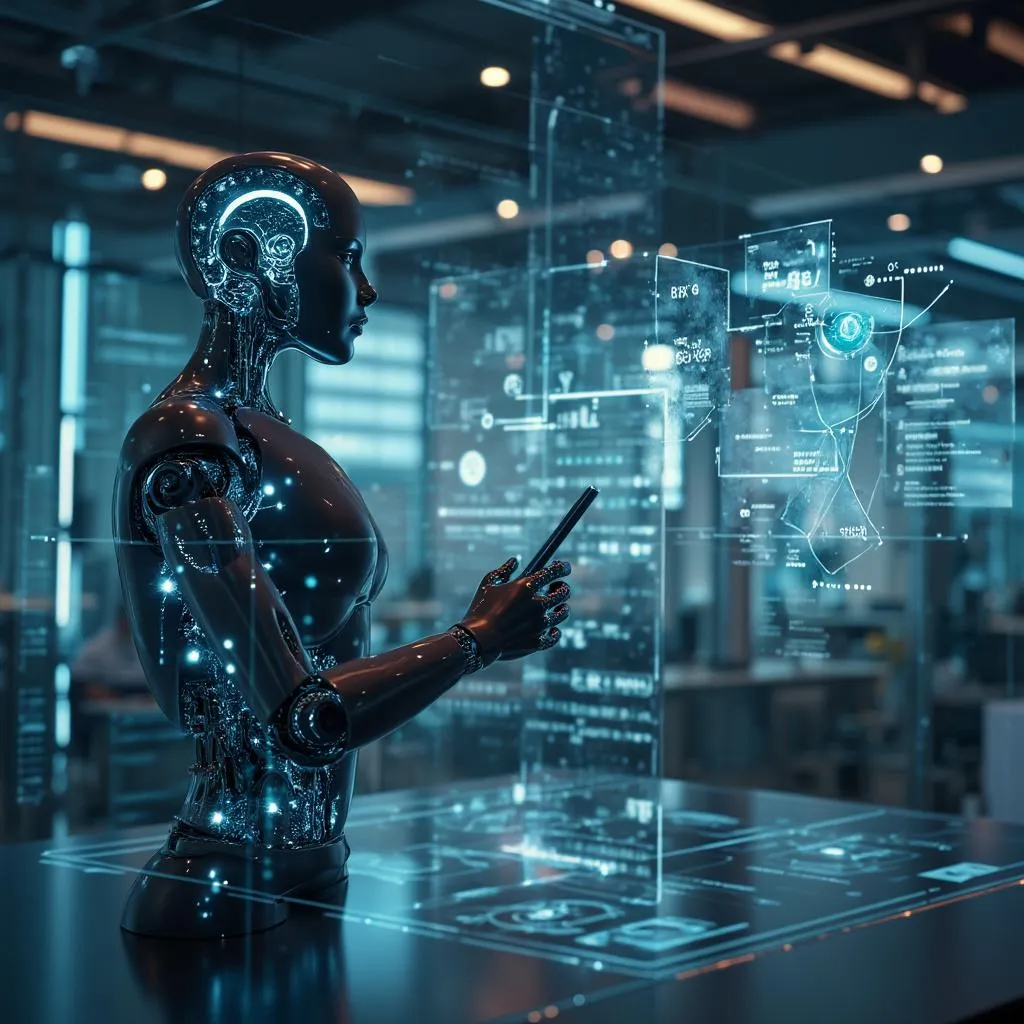 Equipo de IA-Consultores trabajando en estrategias futuristas con interfaces holográficas